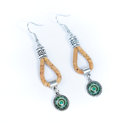 Natural cork cord and Portuguese Tile-Pattern Cork Earrings with Pendant handmade women's earrings -ER-201-MIX-5