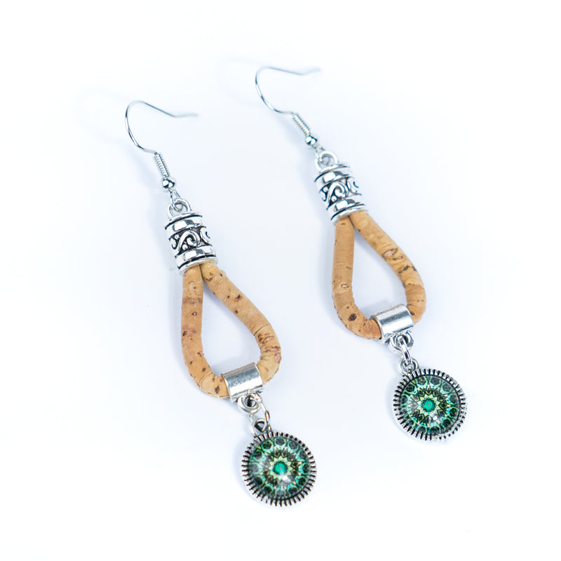 Natural cork cord and Portuguese Tile-Pattern Cork Earrings with Pendant handmade women&