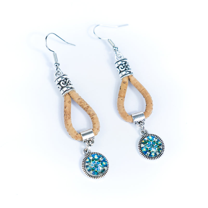 Natural cork cord and Portuguese Tile-Pattern Cork Earrings with Pendant handmade women&