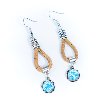 Natural cork cord and Portuguese Tile-Pattern Cork Earrings with Pendant handmade women's earrings -ER-201-MIX-5