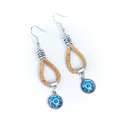 Natural cork cord and Portuguese Tile-Pattern Cork Earrings with Pendant handmade women's earrings -ER-201-MIX-5
