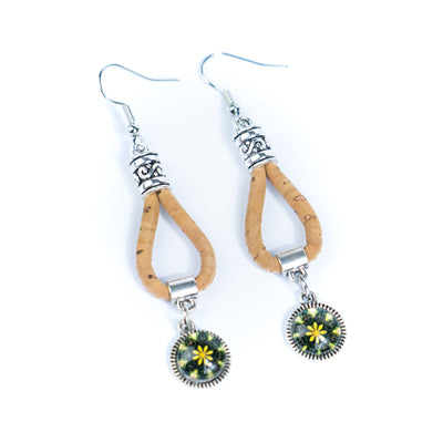 Natural cork cord and Portuguese Tile-Pattern Cork Earrings with Pendant handmade women's earrings -ER-201-MIX-5