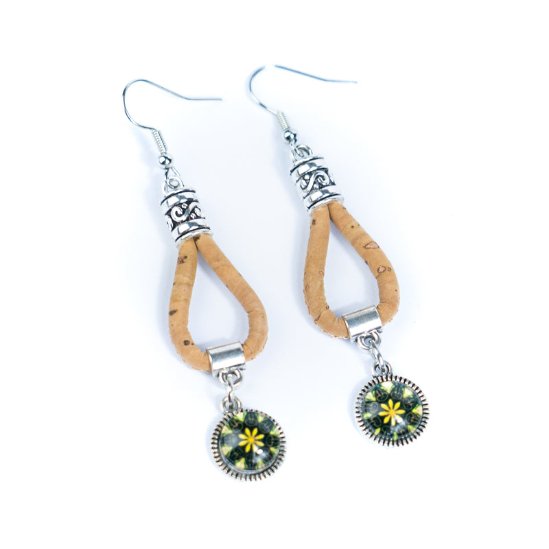 Natural cork cord and Portuguese Tile-Pattern Cork Earrings with Pendant handmade women&