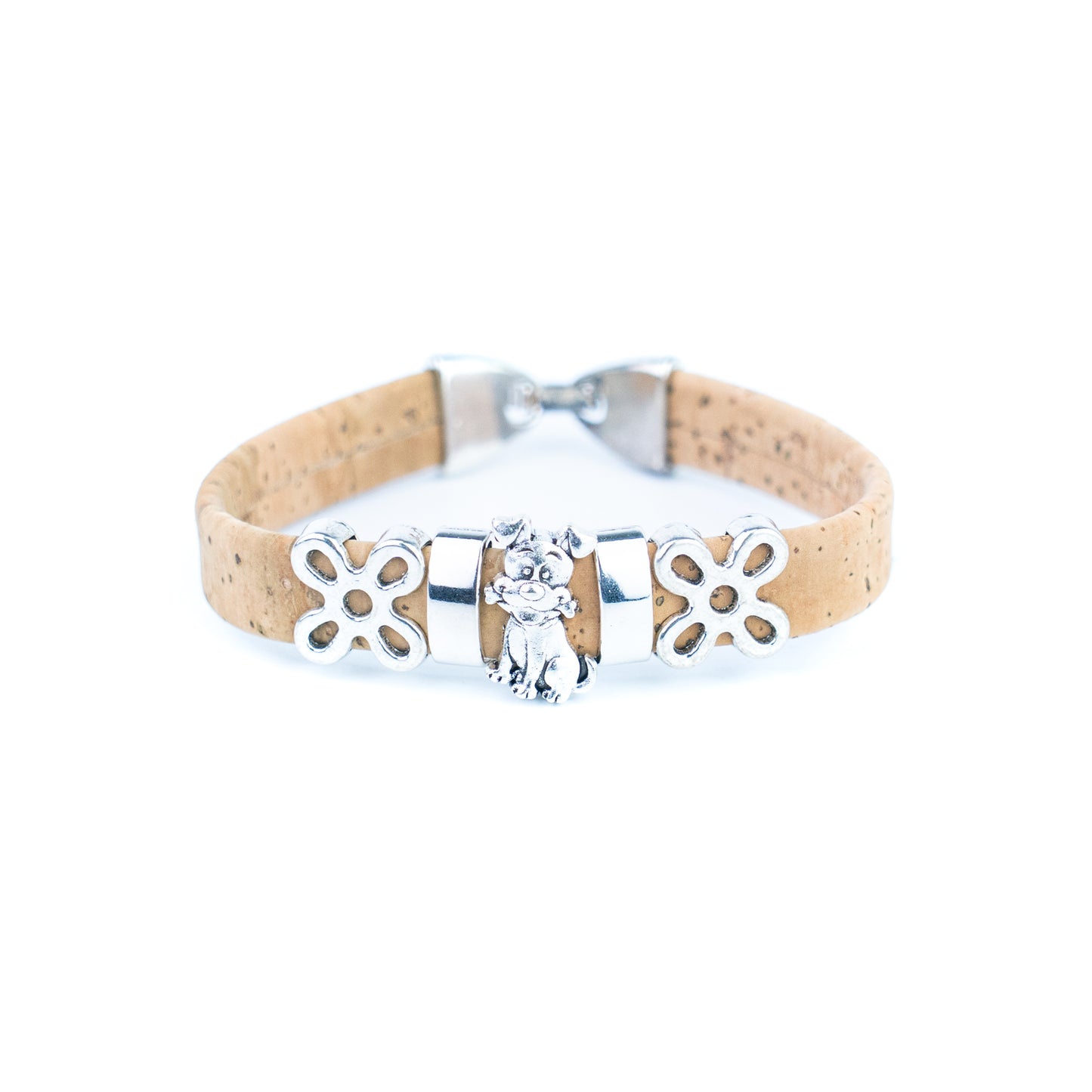 Portuguese Handmade Cork Bracelet with Dog Charm &amp; Floral Alloy Spacers BR-531-MIX-5