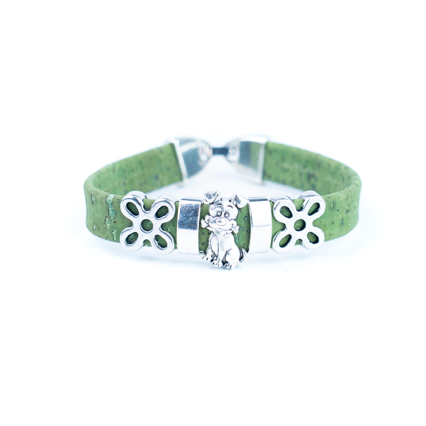 Portuguese Handmade Cork Bracelet with Dog Charm &amp; Floral Alloy Spacers BR-531-MIX-5