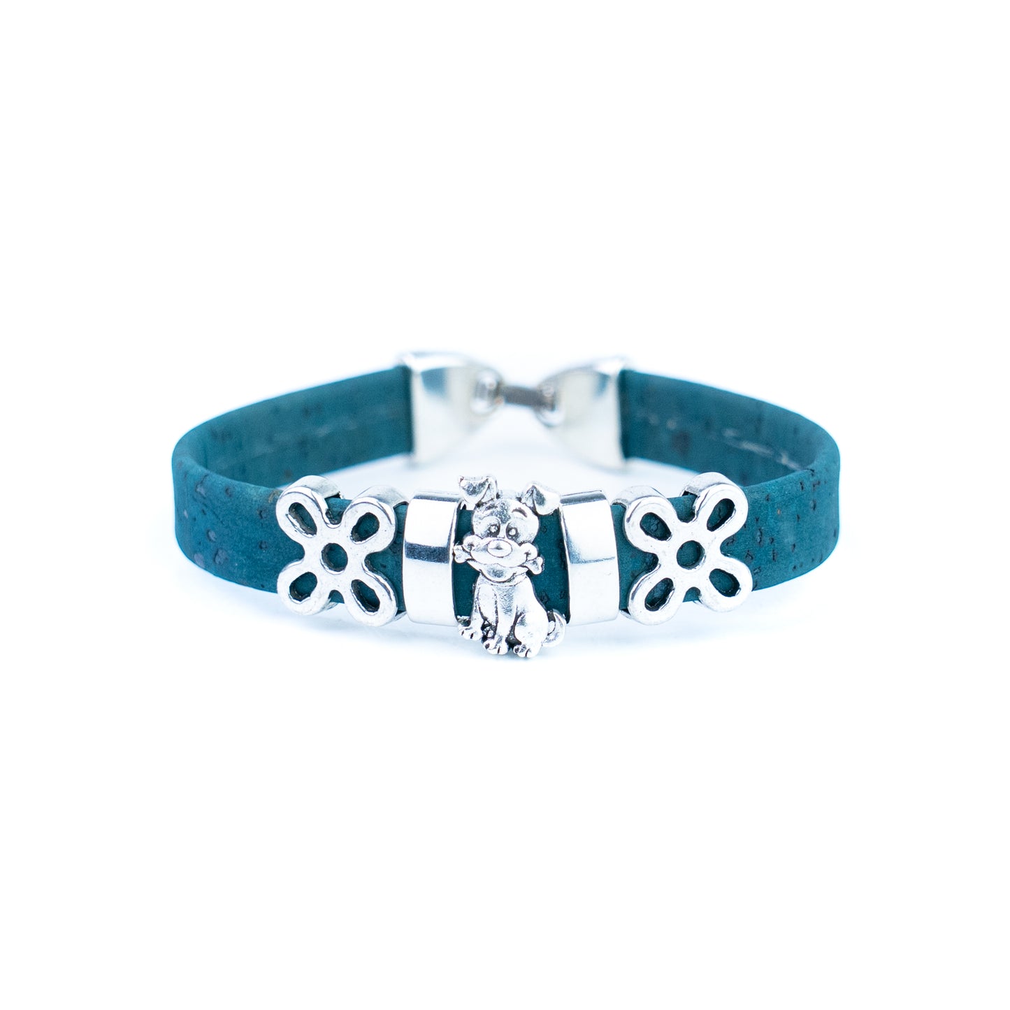 Portuguese Handmade Cork Bracelet with Dog Charm &amp; Floral Alloy Spacers BR-531-MIX-5