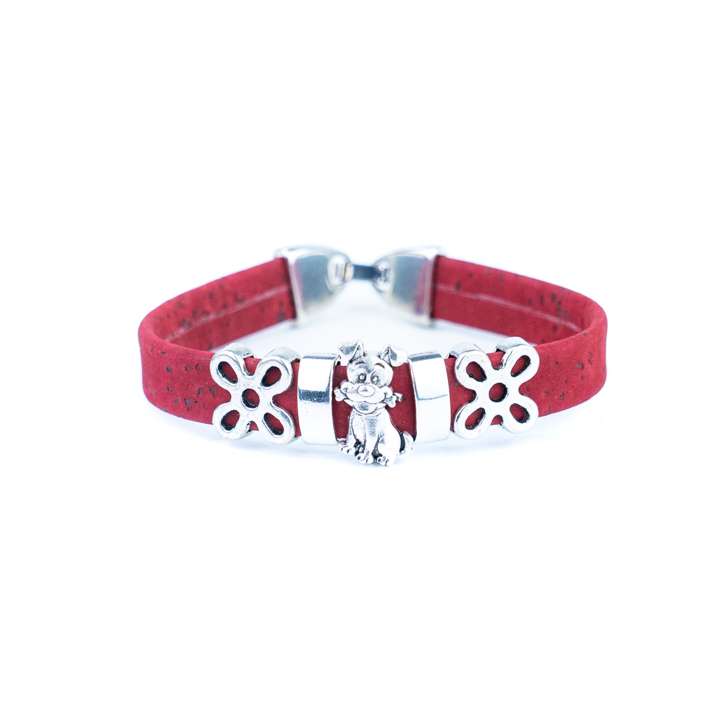 Portuguese Handmade Cork Bracelet with Dog Charm &amp; Floral Alloy Spacers BR-531-MIX-5
