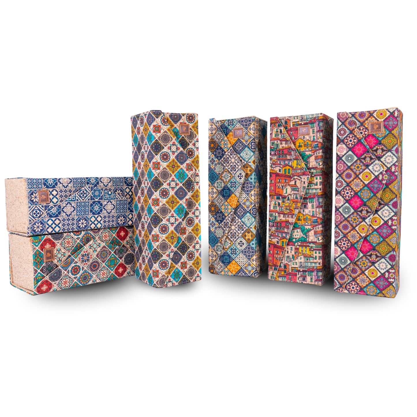 Cork Wine Gift Box | Boho Tile Print, Hexagonal Flip-Top & Cork Interior — L-1190