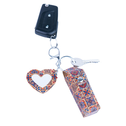 12pcs | Cork Lipstick Holder & Heart Mirror Keychain Set | Boho Print L-1188