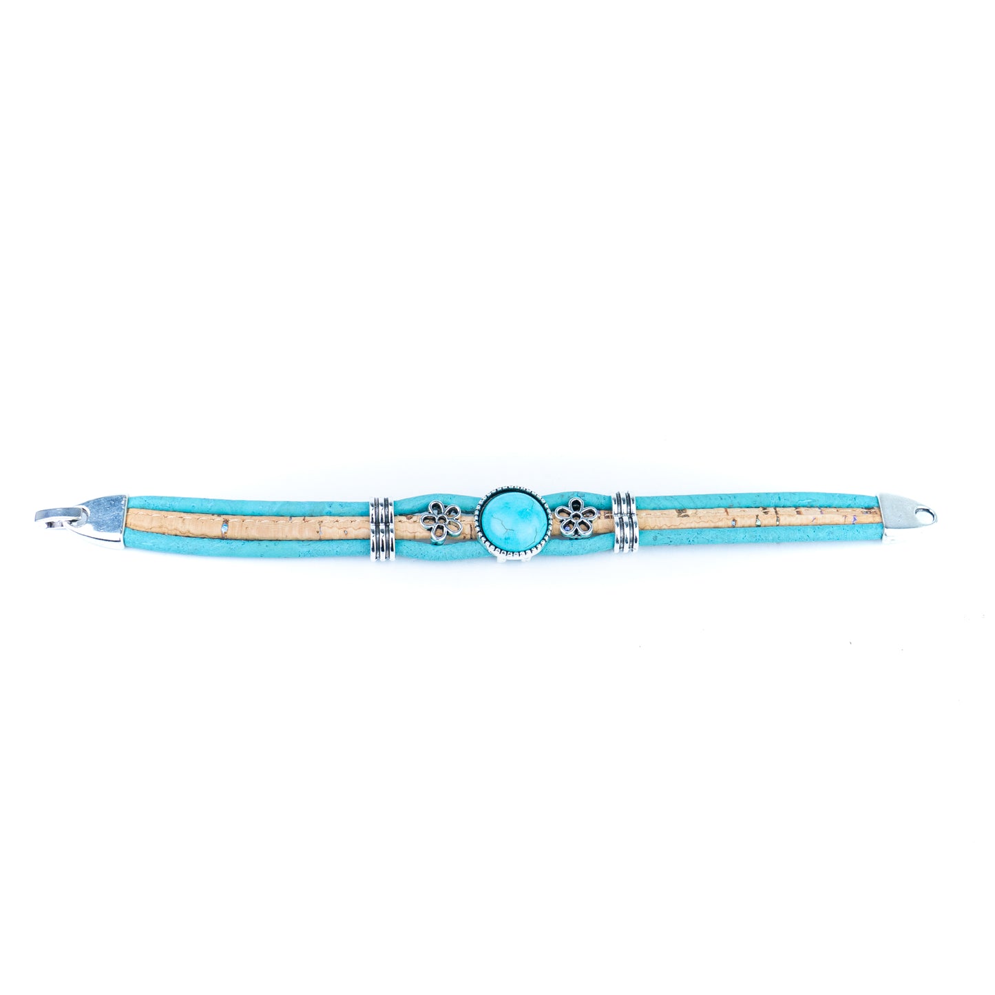 Portuguese Handmade Cork Bracelet with Turquoise Stone &amp; Floral Alloy Charms DBR-060-5