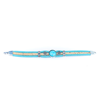 Portuguese Handmade Cork Bracelet with Turquoise Stone &amp; Floral Alloy Charms DBR-060-5