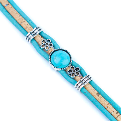 Portuguese Handmade Cork Bracelet with Turquoise Stone &amp; Floral Alloy Charms DBR-060-5