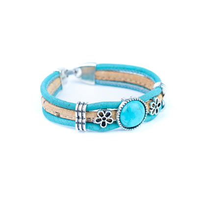 Portuguese Handmade Cork Bracelet with Turquoise Stone &amp; Floral Alloy Charms DBR-060-5
