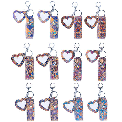 12pcs | Cork Lipstick Holder & Heart Mirror Keychain Set | Boho Print L-1188
