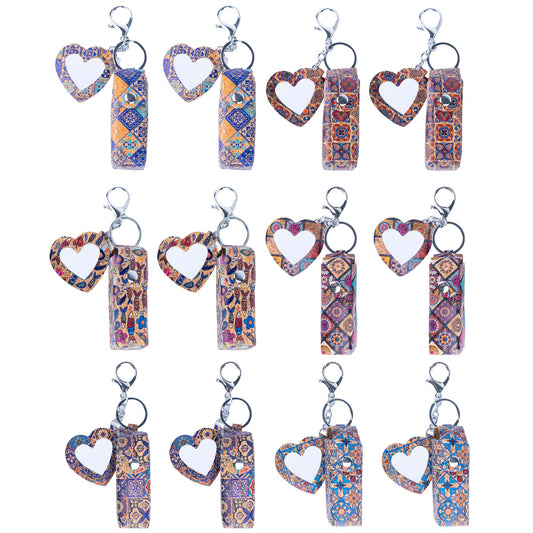 12pcs | Cork Lipstick Holder & Heart Mirror Keychain Set | Boho Print L-1188