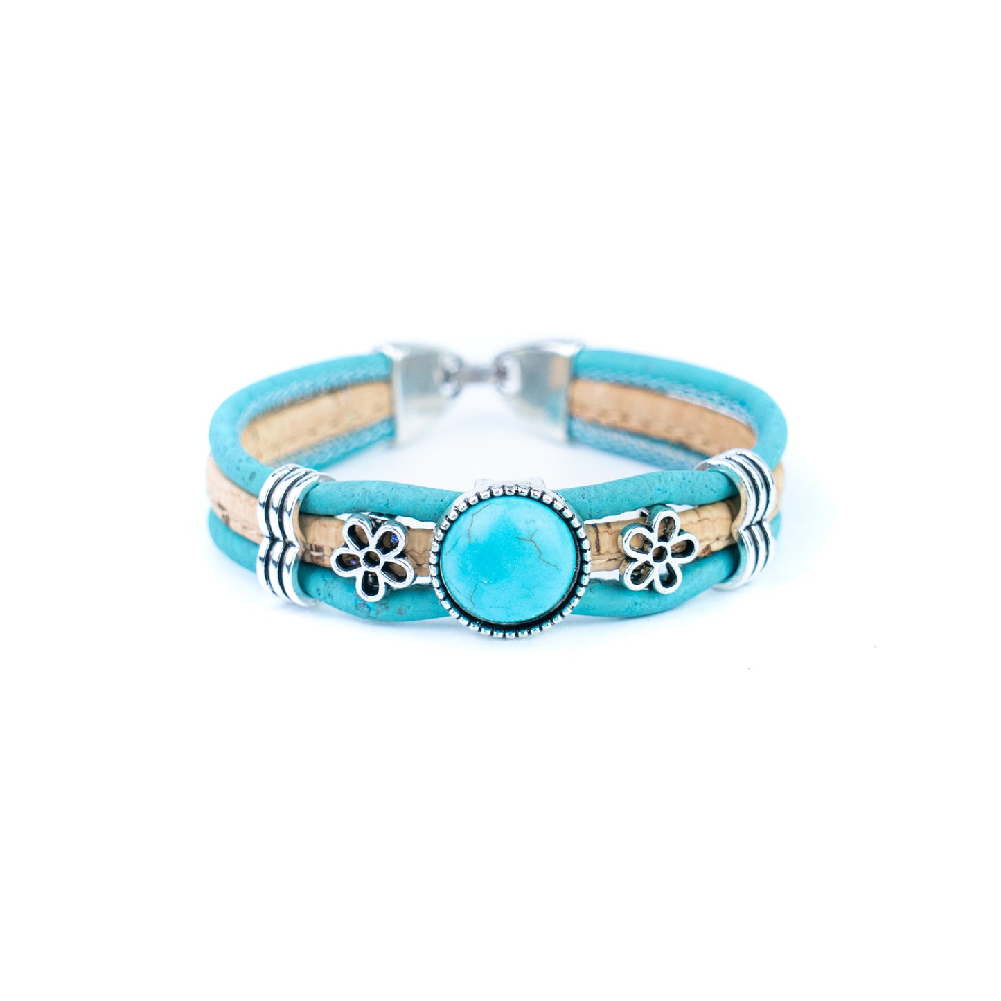 Portuguese Handmade Cork Bracelet with Turquoise Stone &amp; Floral Alloy Charms DBR-060-5
