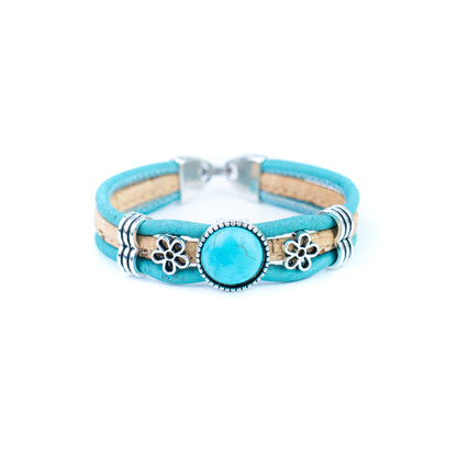 Portuguese Handmade Cork Bracelet with Turquoise Stone &amp; Floral Alloy Charms DBR-060-5
