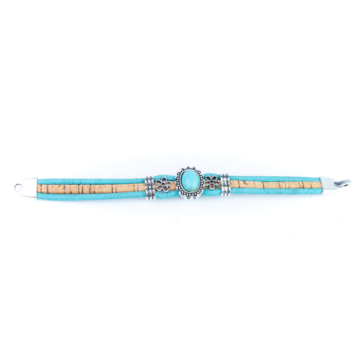 Portuguese Handmade Cork Bracelet with Turquoise Stone &amp; Floral Alloy Charms DBR-047-5