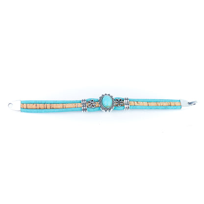 Portuguese Handmade Cork Bracelet with Turquoise Stone &amp; Floral Alloy Charms DBR-047-5