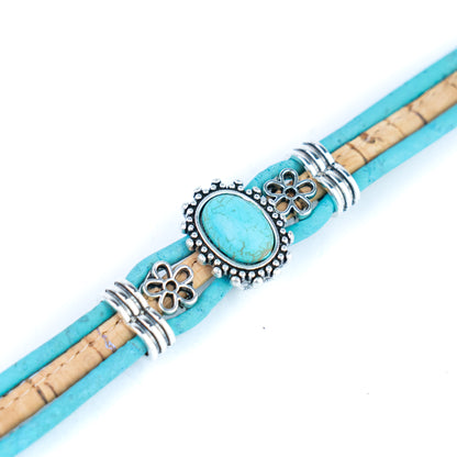 Portuguese Handmade Cork Bracelet with Turquoise Stone &amp; Floral Alloy Charms DBR-047-5