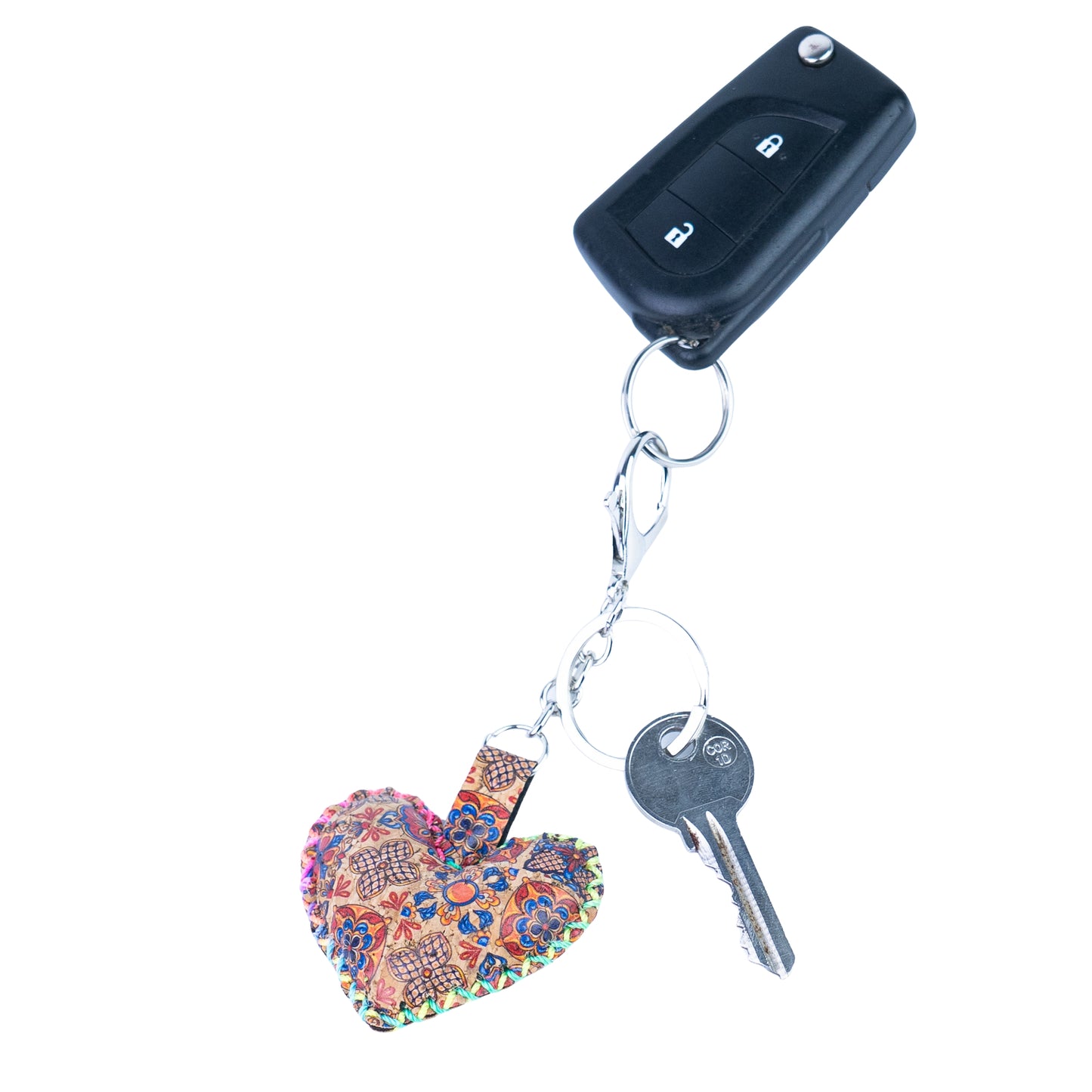 12 PCS Cork Heart Keychain Set - Colorful Mosaic Vegan Leather Charms
