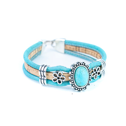 Portuguese Handmade Cork Bracelet with Turquoise Stone &amp; Floral Alloy Charms DBR-047-5