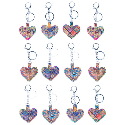 12 PCS Cork Heart Keychain Set - Colorful Mosaic Vegan Leather Charms