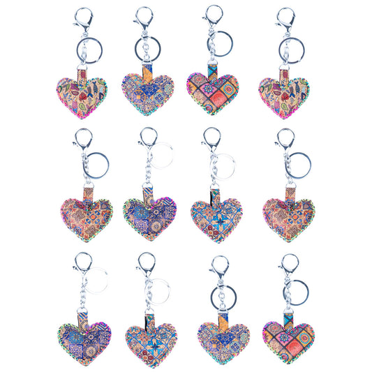 12 PCS Cork Heart Keychain Set - Colorful Mosaic Vegan Leather Charms