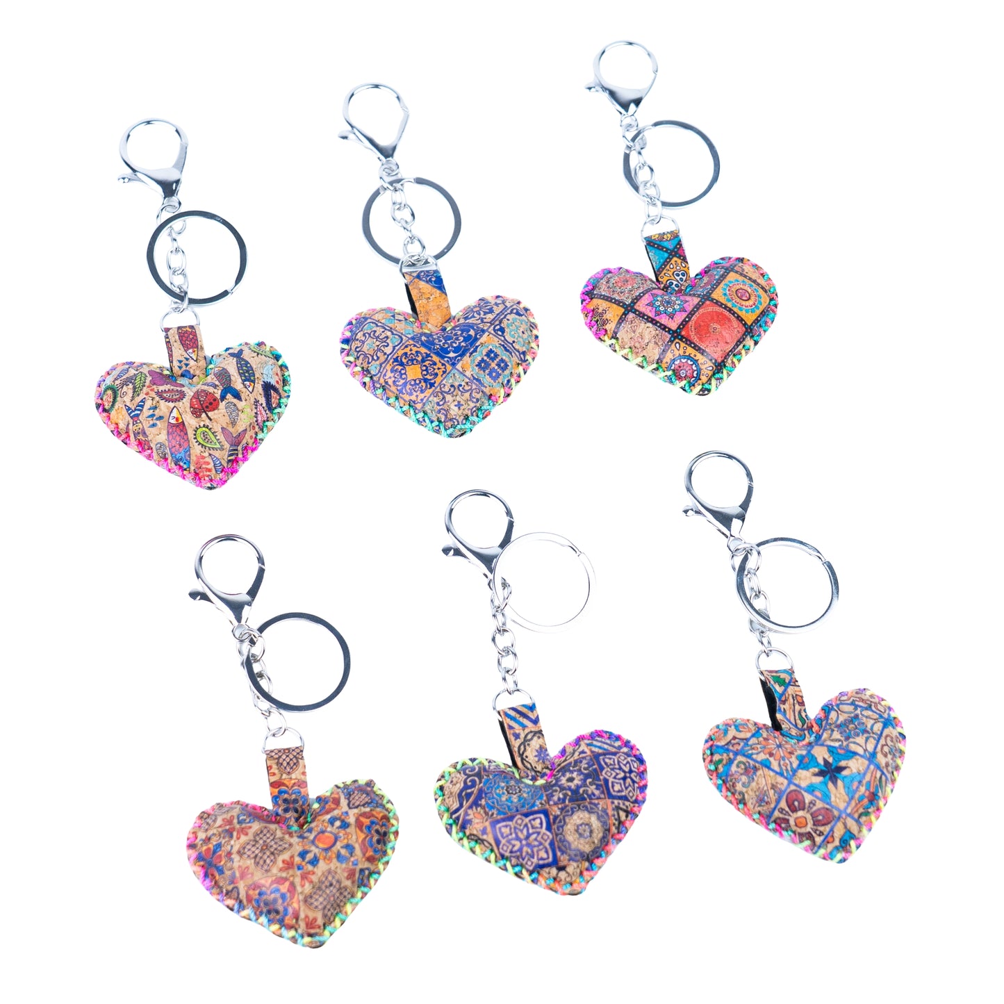 12 PCS Cork Heart Keychain Set - Colorful Mosaic Vegan Leather Charms