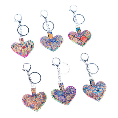 12 PCS Cork Heart Keychain Set - Colorful Mosaic Vegan Leather Charms