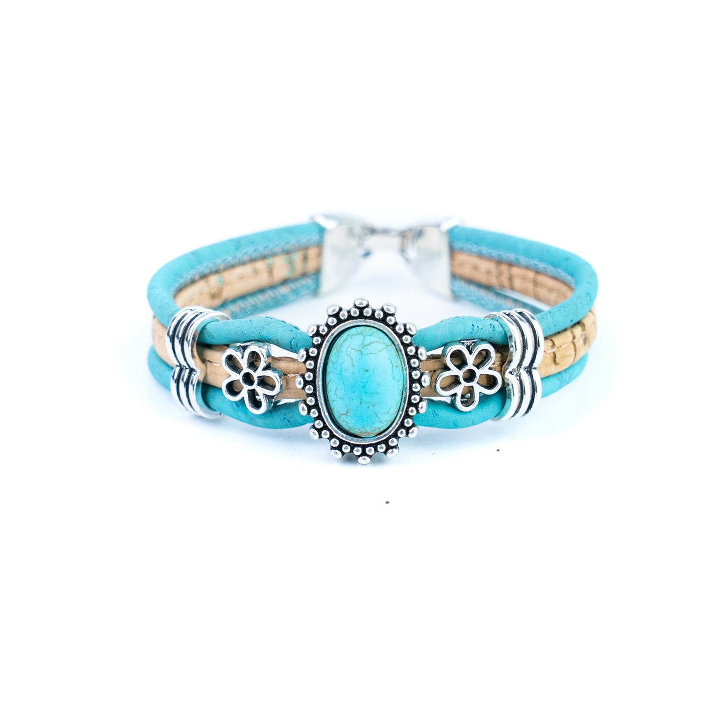 Portuguese Handmade Cork Bracelet with Turquoise Stone &amp; Floral Alloy Charms DBR-047-5