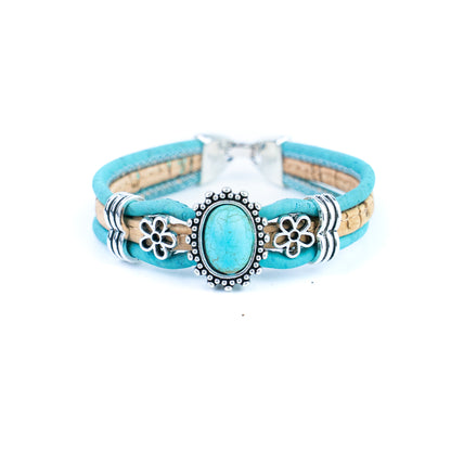 Portuguese Handmade Cork Bracelet with Turquoise Stone &amp; Floral Alloy Charms DBR-047-5
