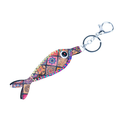 12 PCS Cork Fish Keychain Set - Colorful Mosaic Vegan Leather Charms