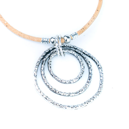 Portuguese Handmade Cork Necklace with Triple Circle Alloy Pendant NE-1092-3