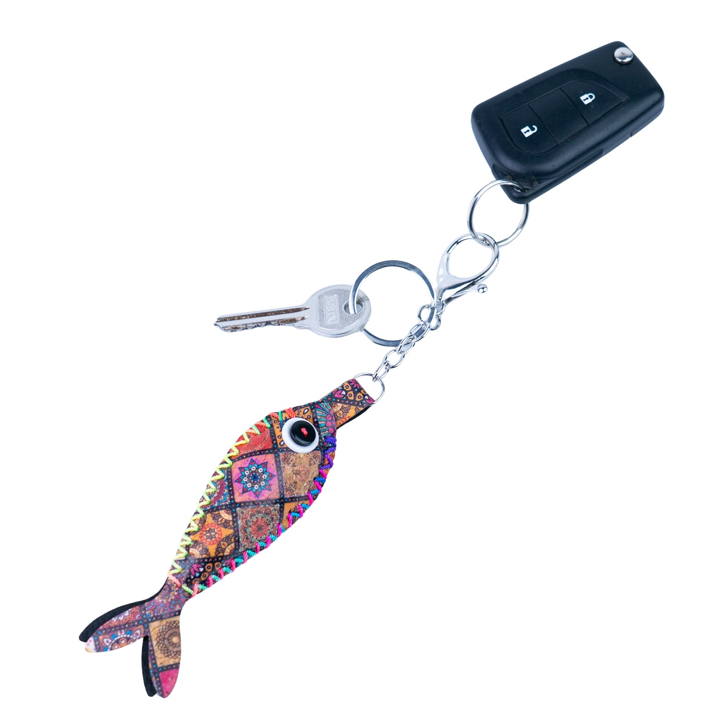 12 PCS Cork Fish Keychain Set - Colorful Mosaic Vegan Leather Charms