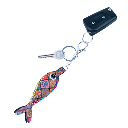 12 PCS Cork Fish Keychain Set - Colorful Mosaic Vegan Leather Charms