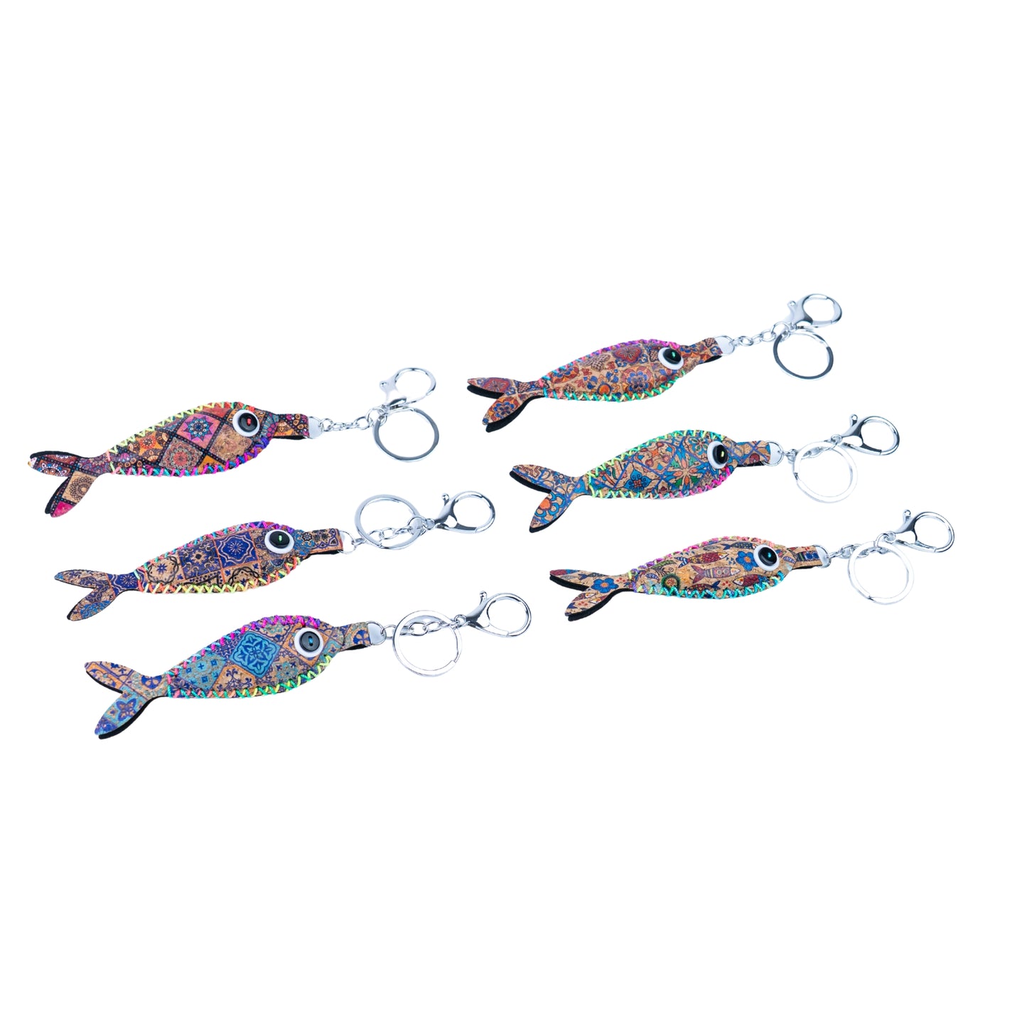 12 PCS Cork Fish Keychain Set - Colorful Mosaic Vegan Leather Charms