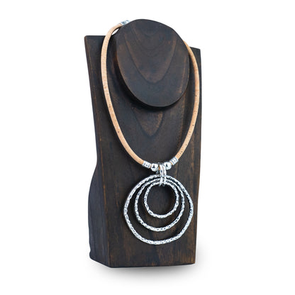 Portuguese Handmade Cork Necklace with Triple Circle Alloy Pendant NE-1092-3