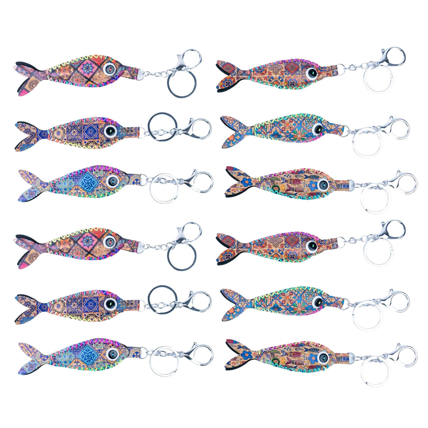 12 PCS Cork Fish Keychain Set - Colorful Mosaic Vegan Leather Charms
