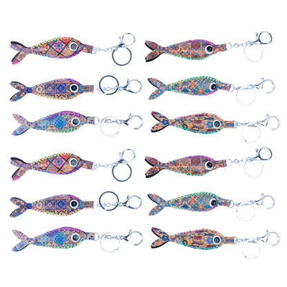 12 PCS Cork Fish Keychain Set - Colorful Mosaic Vegan Leather Charms