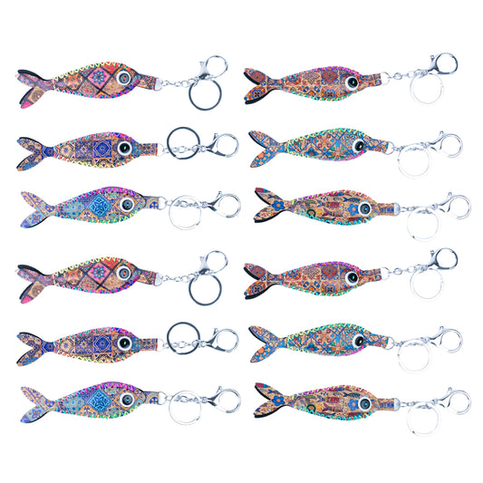 12 PCS Cork Fish Keychain Set - Colorful Mosaic Vegan Leather Charms