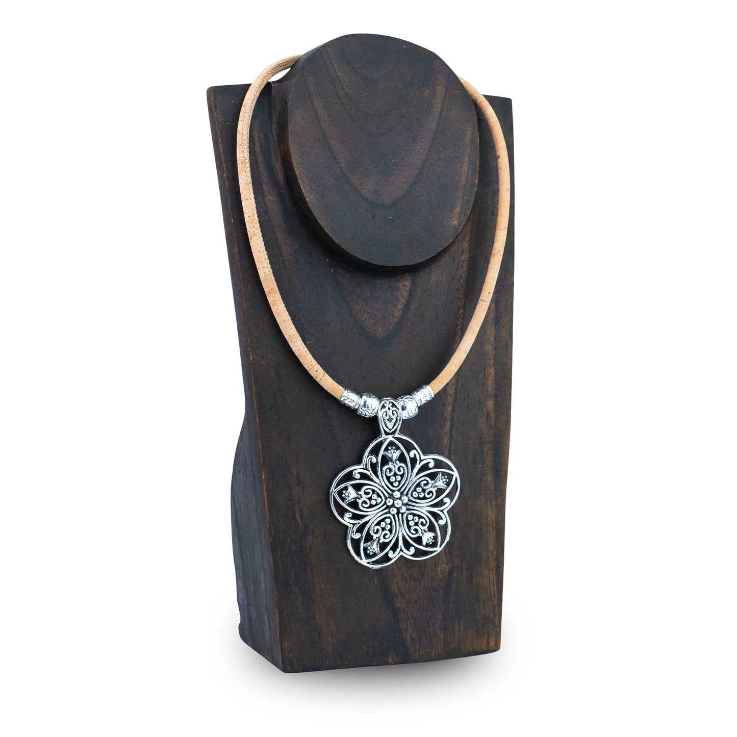 Portuguese Handmade Cork Necklace with Floral Alloy Pendant NE-1093-4