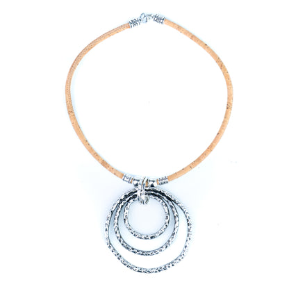 Portuguese Handmade Cork Necklace with Triple Circle Alloy Pendant NE-1092-3