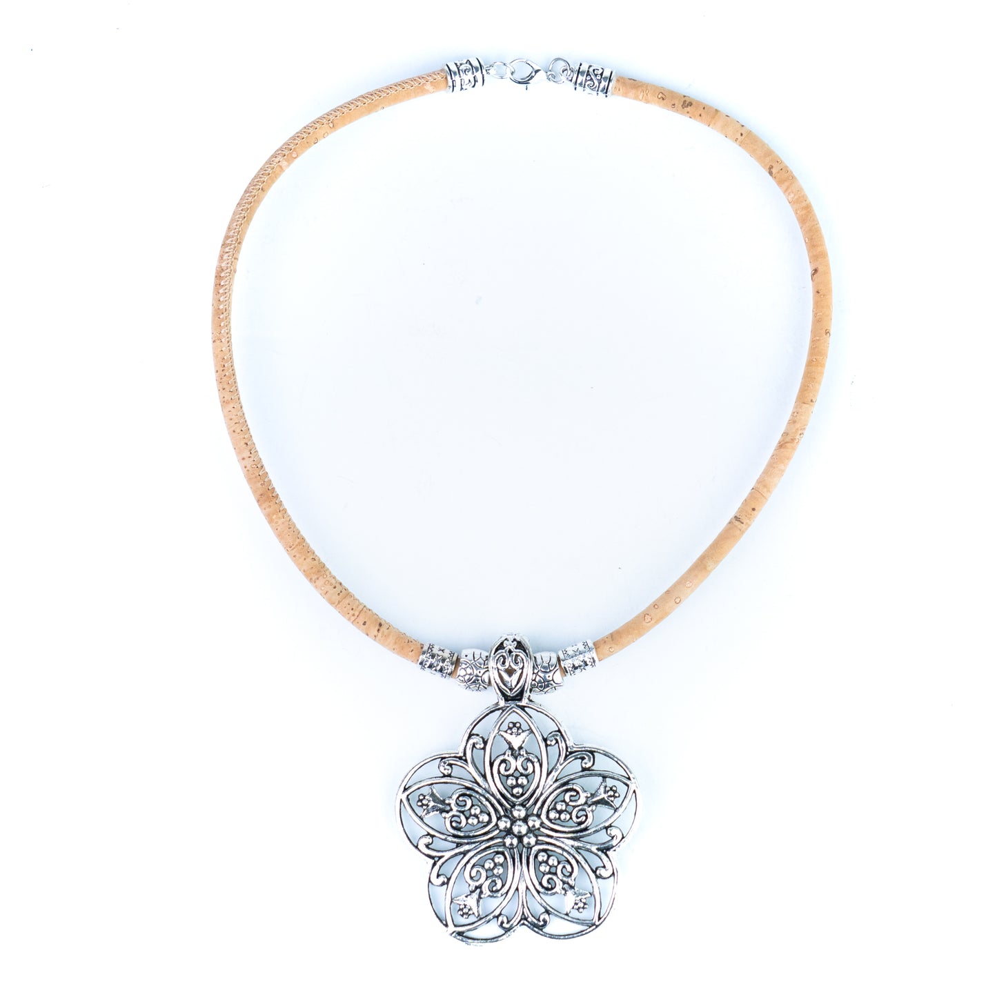 Portuguese Handmade Cork Necklace with Floral Alloy Pendant NE-1093-4