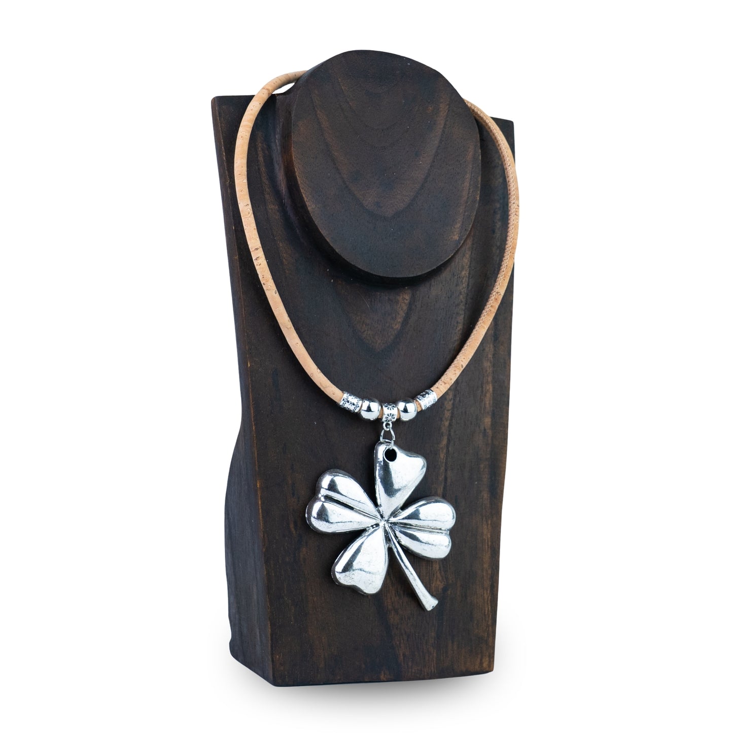 Portuguese Handmade Cork Necklace with Four-Leaf Clover Alloy Pendant NE-1095-4