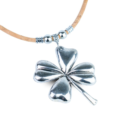 Portuguese Handmade Cork Necklace with Four-Leaf Clover Alloy Pendant NE-1095-4