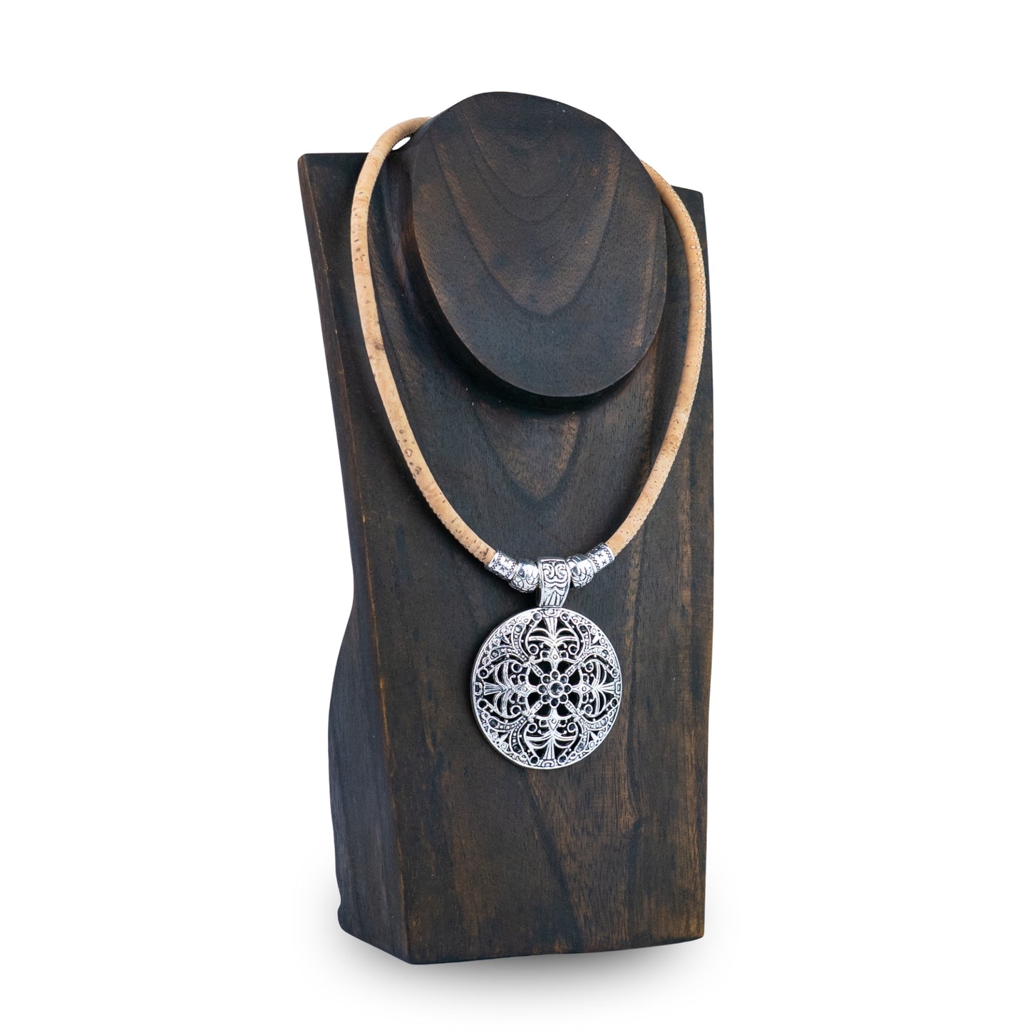 Portuguese Handmade Cork Necklace with Filigree Round Alloy Pendant NE-1094-4