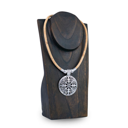 Portuguese Handmade Cork Necklace with Filigree Round Alloy Pendant NE-1094-4