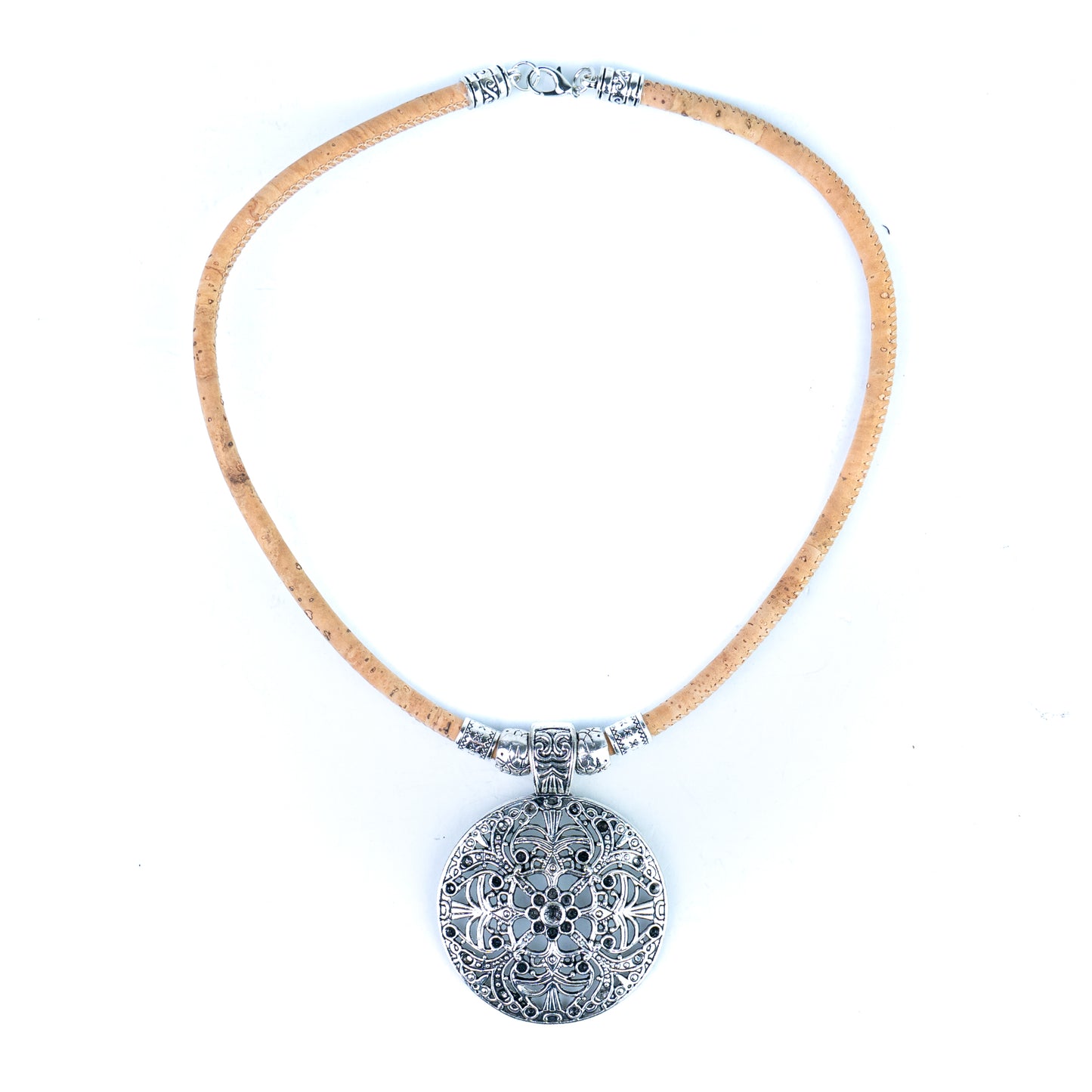 Portuguese Handmade Cork Necklace with Filigree Round Alloy Pendant NE-1094-4