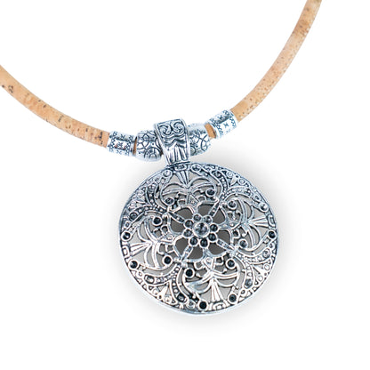 Portuguese Handmade Cork Necklace with Filigree Round Alloy Pendant NE-1094-4